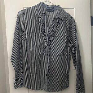 Jones New York Monochrome Navy & White Striped Ruffle Shirt